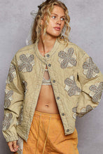 Load image into Gallery viewer, POL Quilted Denim Jacket with Floral Print Flower Patches in Taupe Beige
