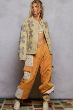 Load image into Gallery viewer, POL Quilted Denim Jacket with Floral Print Flower Patches in Taupe Beige

