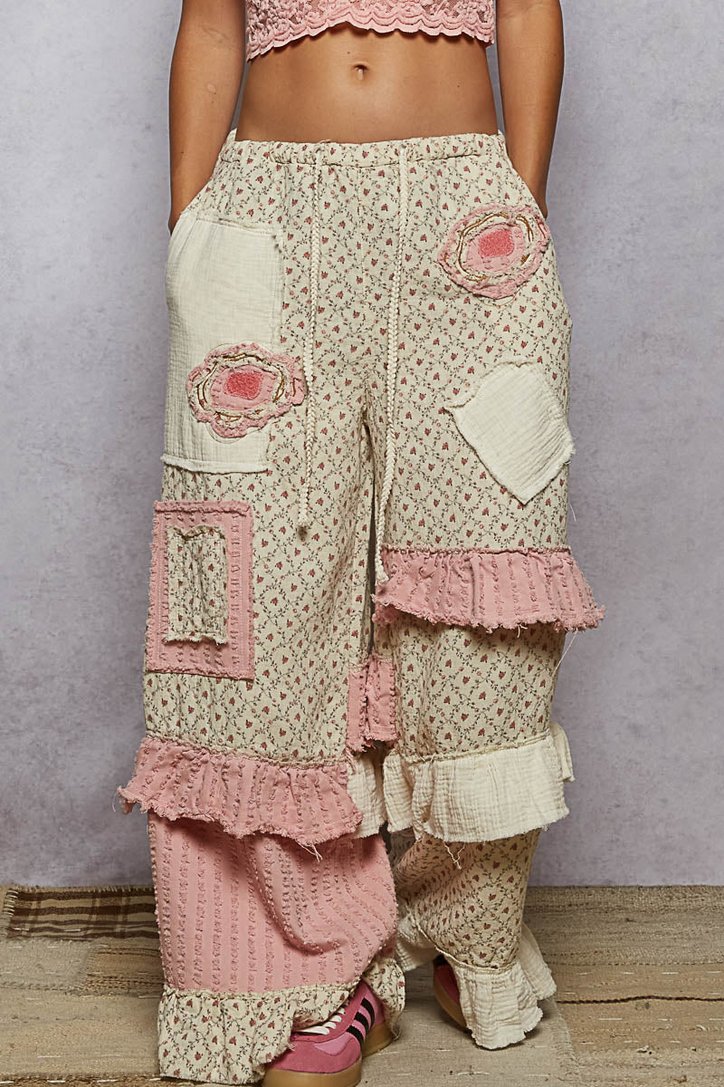 POL Floral Pants with Patches and Ruffle Details in Natural/Pink