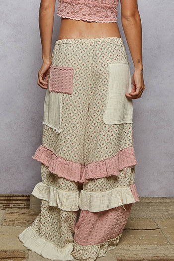 POL Floral Pants with Patches and Ruffle Details in Natural/Pink