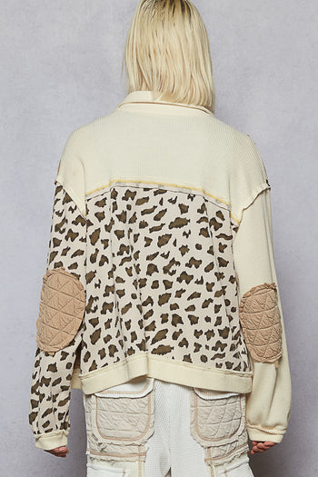 POL Contrasting Print Thermal Knit and Quilted Jacket in Cream Multi