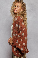 POL Chenille Crochet Open Front Cardigan in Brick/Latte