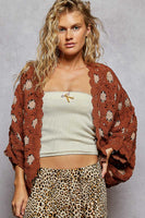 POL Chenille Crochet Open Front Cardigan in Brick/Latte