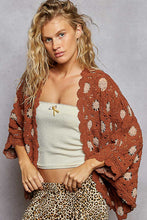 Load image into Gallery viewer, POL Chenille Crochet Open Front Cardigan in Brick/Latte
