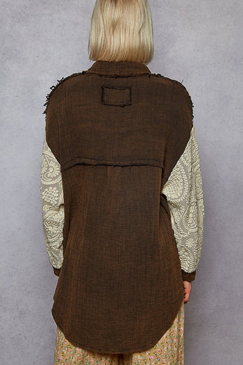 POL Double Stitched Gauze Top with Lace and Patch Details in Black