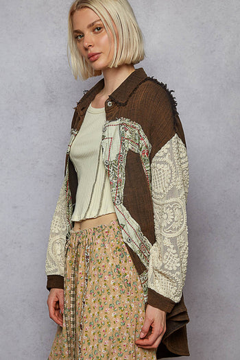 POL Double Stitched Gauze Top with Lace and Patch Details in Black