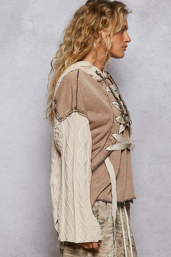 POL French Terry Top with Contrasting Sleeve and Lace Up Details in Rust Charcoal