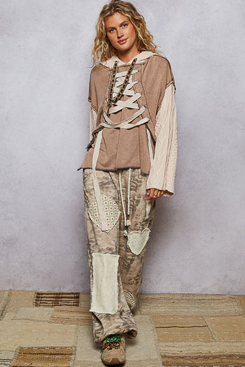 POL French Terry Top with Contrasting Sleeve and Lace Up Details in Rust Charcoal