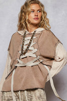 POL French Terry Top with Contrasting Sleeve and Lace Up Details in Rust Charcoal