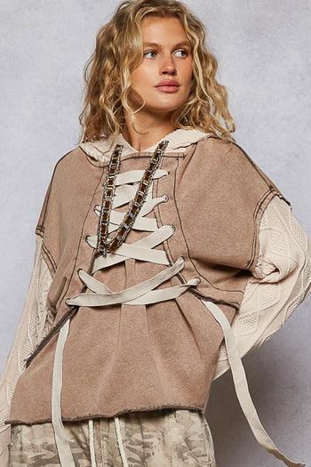 POL French Terry Top with Contrasting Sleeve and Lace Up Details in Rust Charcoal