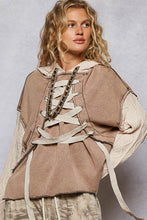 Load image into Gallery viewer, POL French Terry Top with Contrasting Sleeve and Lace Up Details in Rust Charcoal
