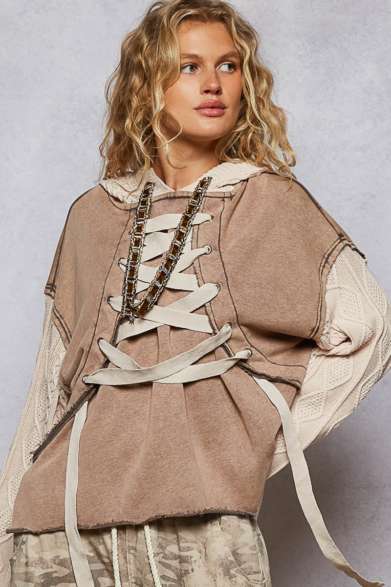 POL French Terry Top with Contrasting Sleeve and Lace Up Details in Rust Charcoal