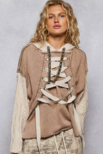 Load image into Gallery viewer, POL French Terry Top with Contrasting Sleeve and Lace Up Details in Rust Charcoal
