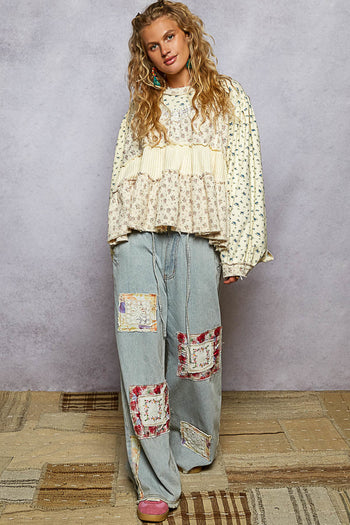 POL Mixed Print Tiered Top in Cream Butter