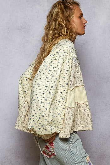 POL Mixed Print Tiered Top in Cream Butter