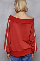 POL French Terry Knit Off the Shoulder Top with Lace Stripe Details in Dried Tomato