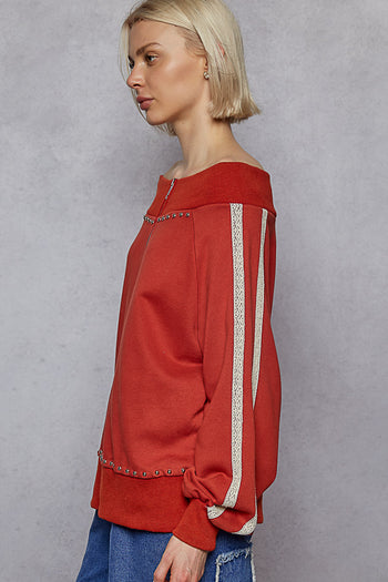 POL French Terry Knit Off the Shoulder Top with Lace Stripe Details in Dried Tomato