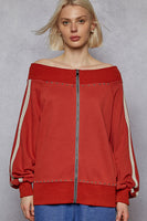 POL French Terry Knit Off the Shoulder Top with Lace Stripe Details in Dried Tomato