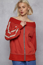 Load image into Gallery viewer, POL French Terry Knit Off the Shoulder Top with Lace Stripe Details in Dried Tomato
