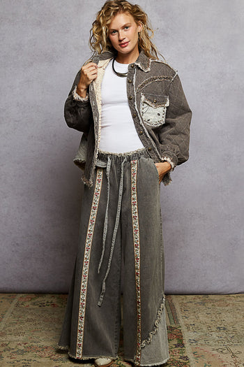 POL Quilted Twill Shacket with Lace and Studded Details in Black