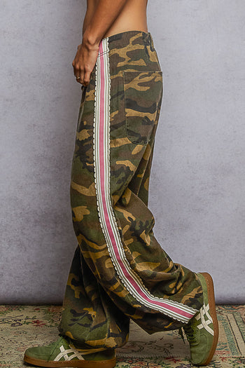 POL Twill Print Joggers with Contrasting Side Stripes in Olive Camo