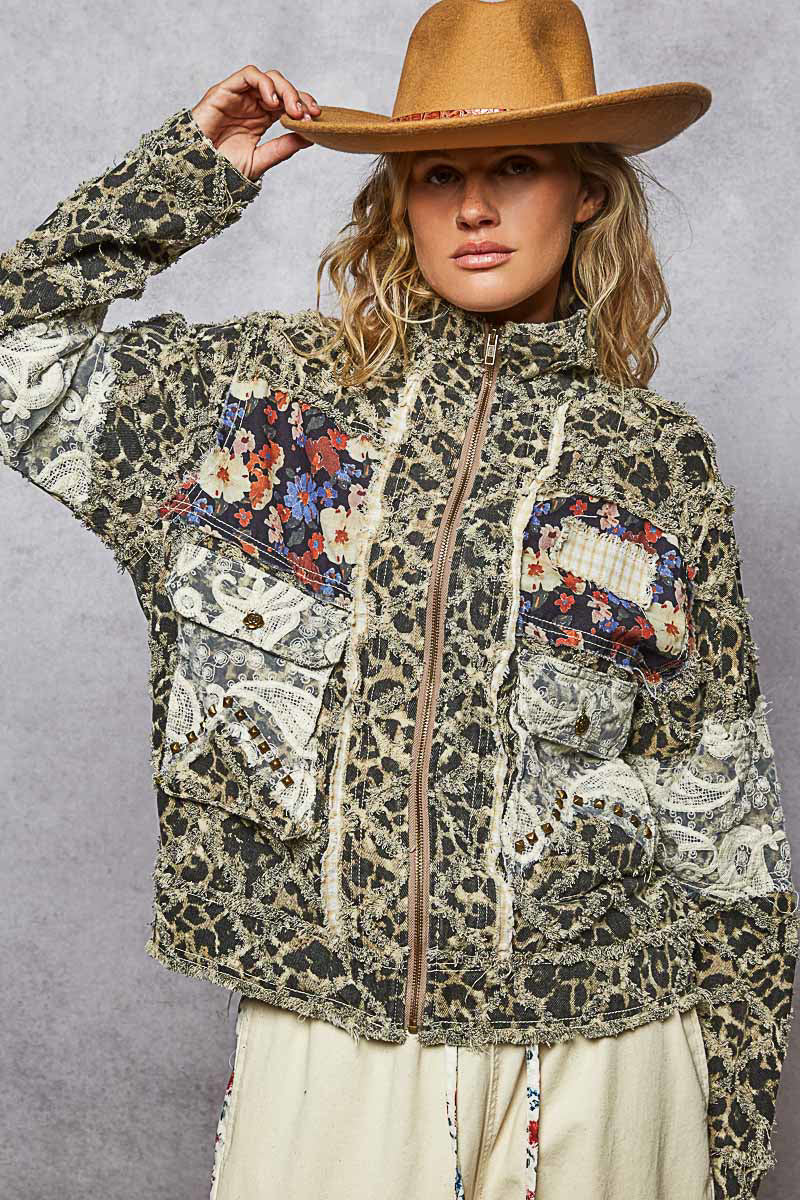 POL Leopard and Lace Studded Jacket in Sand Leopard – June Adel