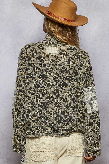 POL Leopard and Lace Studded Jacket in Sand Leopard