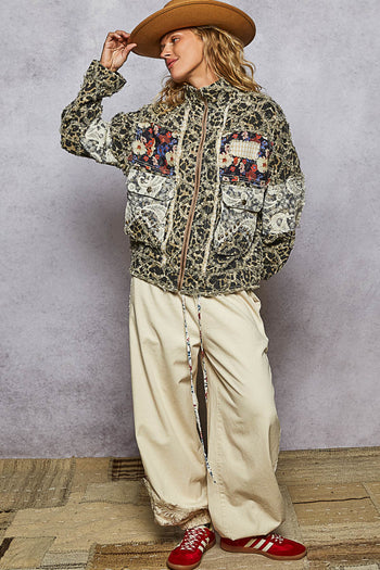 POL Leopard and Lace Studded Jacket in Sand Leopard