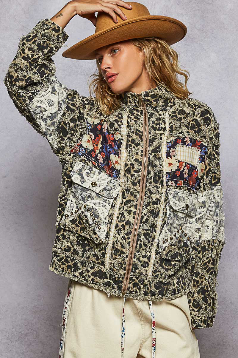 POL Leopard and Lace Studded Jacket in Sand Leopard – June Adel