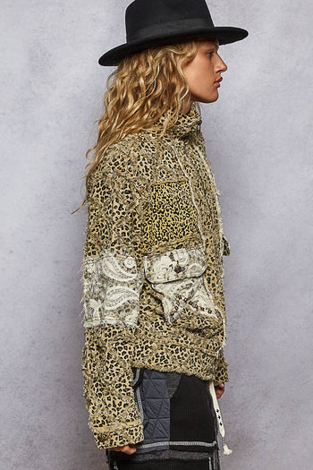POL Leopard and Lace Studded Jacket in Tan Leopard