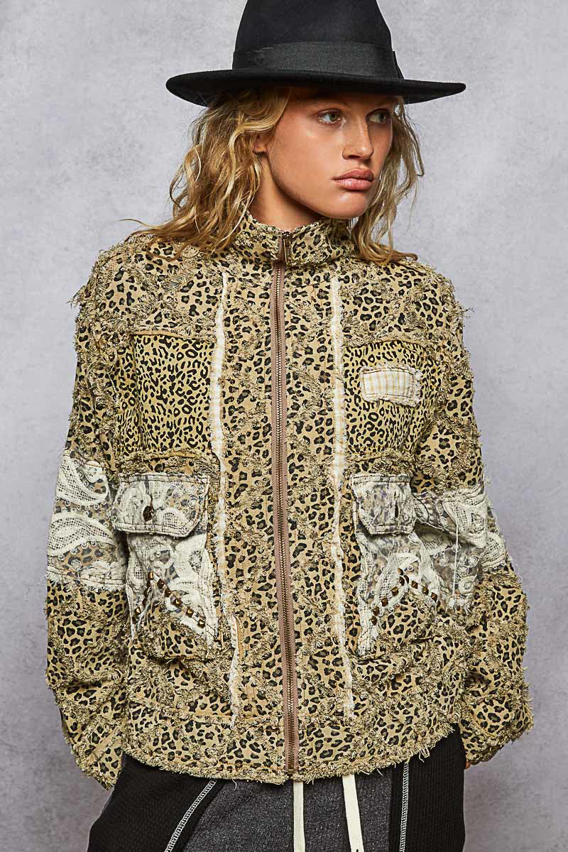 POL Leopard and Lace Studded Jacket in Tan Leopard