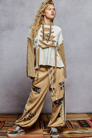 POL French Terry Top with Contrasting Sleeve and Lace Up Details in Oatmeal ON ORDER