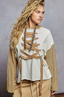 POL French Terry Top with Contrasting Sleeve and Lace Up Details in Oatmeal ON ORDER