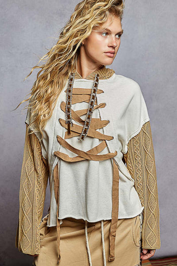 POL French Terry Top with Contrasting Sleeve and Lace Up Details in Oatmeal ON ORDER
