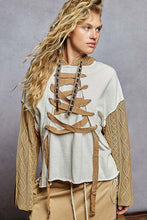 Load image into Gallery viewer, POL French Terry Top with Contrasting Sleeve and Lace Up Details in Oatmeal ON ORDER
