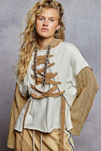 Load image into Gallery viewer, POL French Terry Top with Contrasting Sleeve and Lace Up Details in Oatmeal ON ORDER
