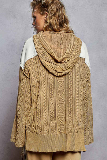 POL French Terry Top with Contrasting Sleeve and Lace Up Details in Oatmeal ON ORDER