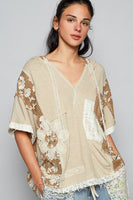 POL Ribbed Knit and Lace Top with Mixed Patches in Wheat Beige