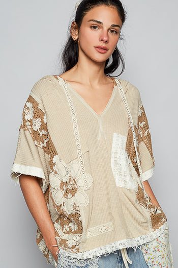POL Ribbed Knit and Lace Top with Mixed Patches in Wheat Beige