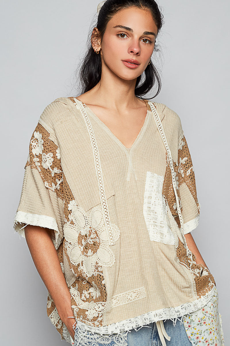 POL Ribbed Knit and Lace Top with Mixed Patches in Wheat Beige