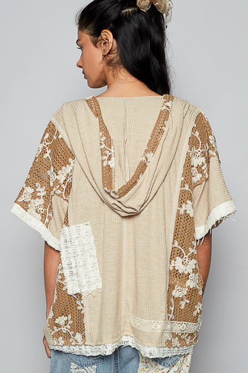POL Ribbed Knit and Lace Top with Mixed Patches in Wheat Beige