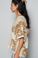 POL Ribbed Knit and Lace Top with Mixed Patches in Wheat Beige