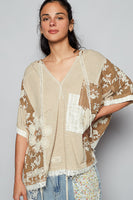 POL Ribbed Knit and Lace Top with Mixed Patches in Wheat Beige