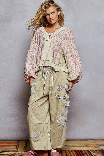 POL Mixed Print Peasant Top in Pink Mix