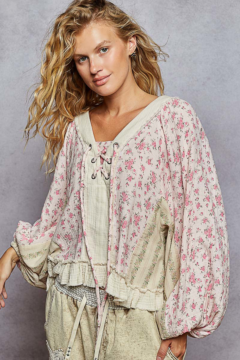 POL Mixed Print Peasant Top in Pink Mix