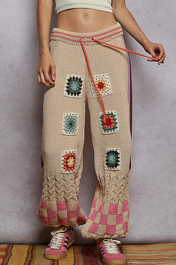 POL Crochet Knit Chenille Joggers in Almond Multi ON ORDER