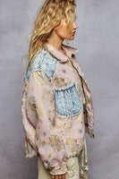 POL Floral Jacquard and Denim Quilted Stitched Jacket in Soft Pink Multi