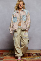 POL Floral Jacquard and Denim Quilted Stitched Jacket in Soft Pink Multi