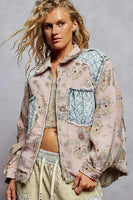 POL Floral Jacquard and Denim Quilted Stitched Jacket in Soft Pink Multi