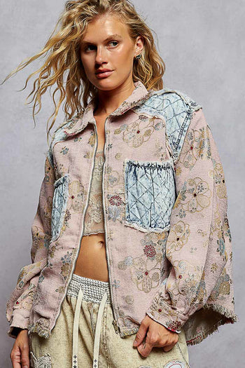 POL Floral Jacquard and Denim Quilted Stitched Jacket in Soft Pink Multi